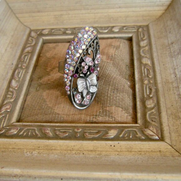 Adjustable Pink Rhinestone Butterfly Ring Vintage Inspired - Picture 4 of 5